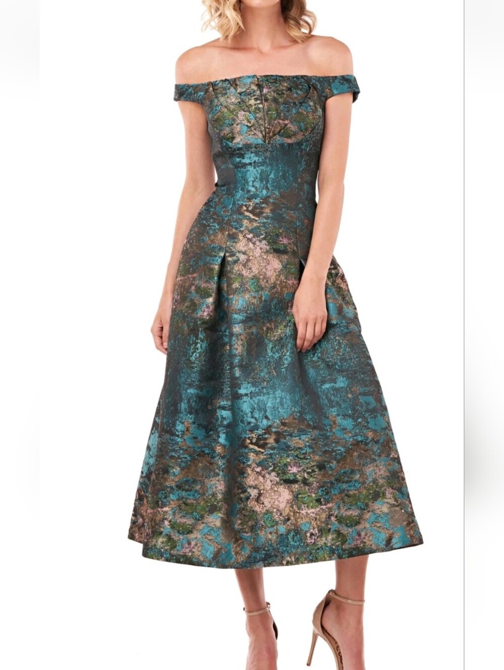 Kay Unger 4 Carina Teal Tea-Length Cocktail Jacquard Aqua Sheath Dress